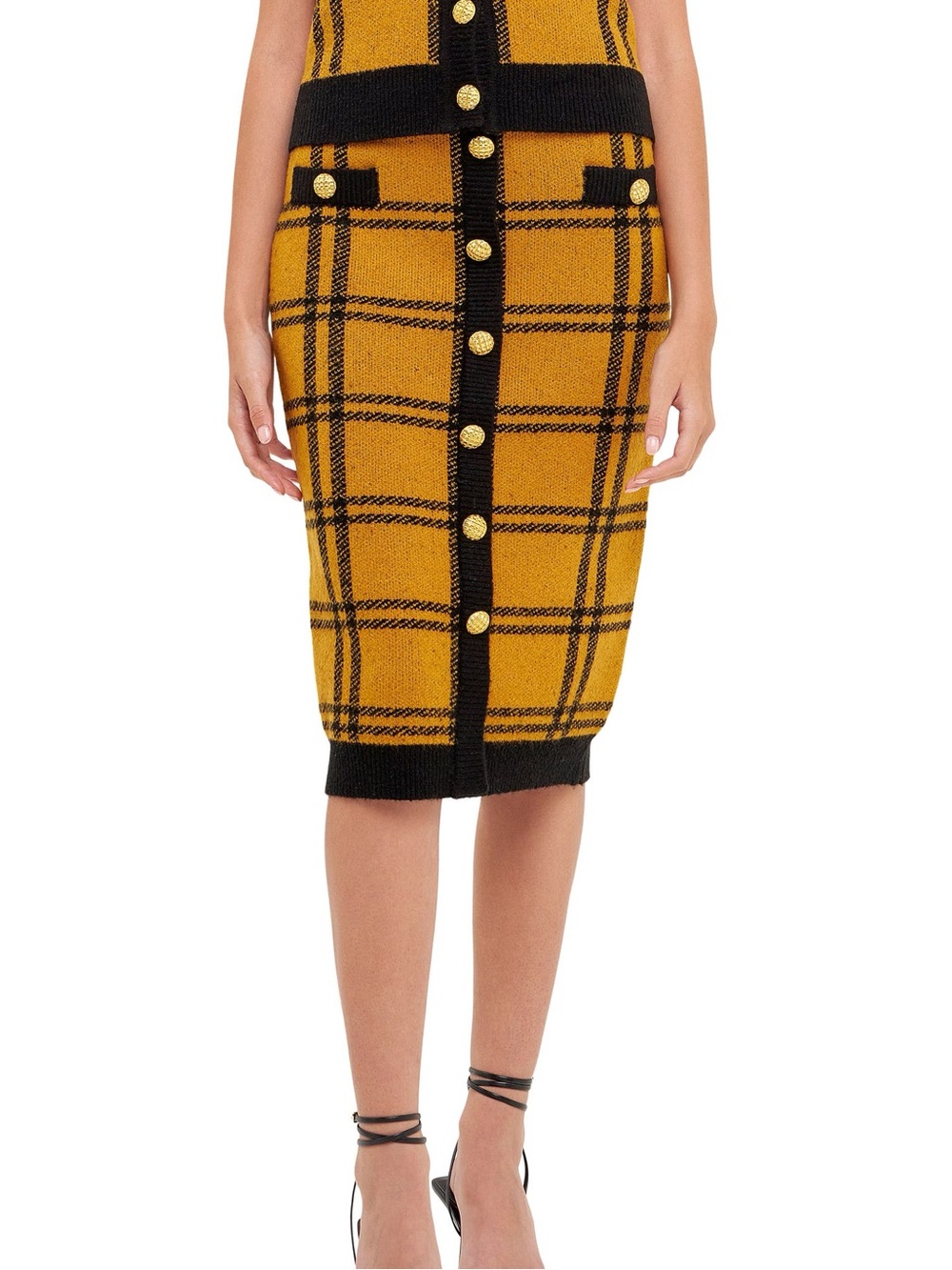 English Factory - Knit Check Plaid Midi Skirt - Size Small